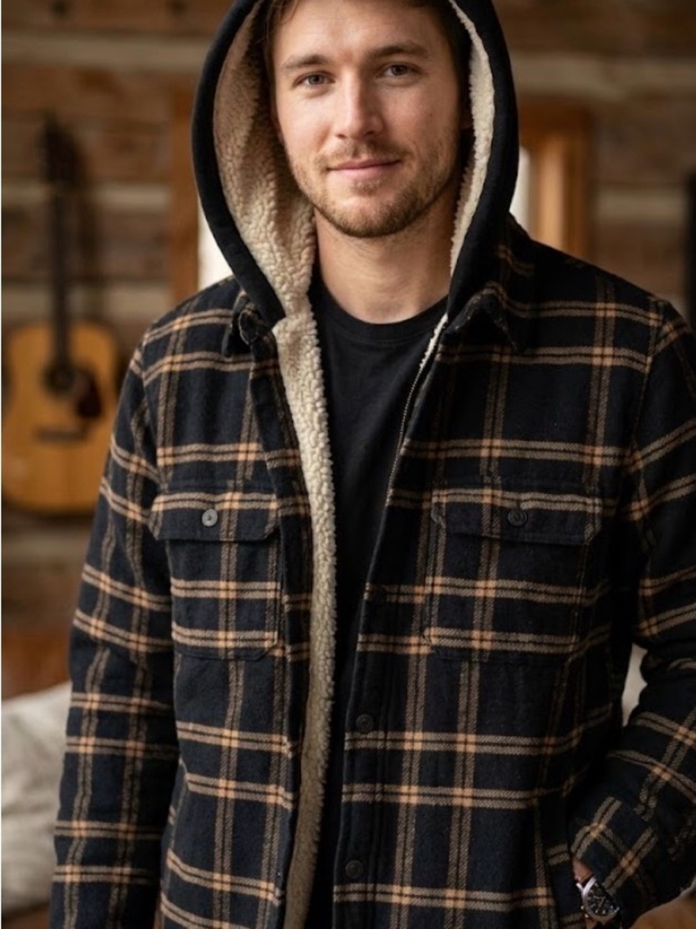 Hollister Black & Brown Plaid Hooded Sherpa-Lined Shirt Jacket